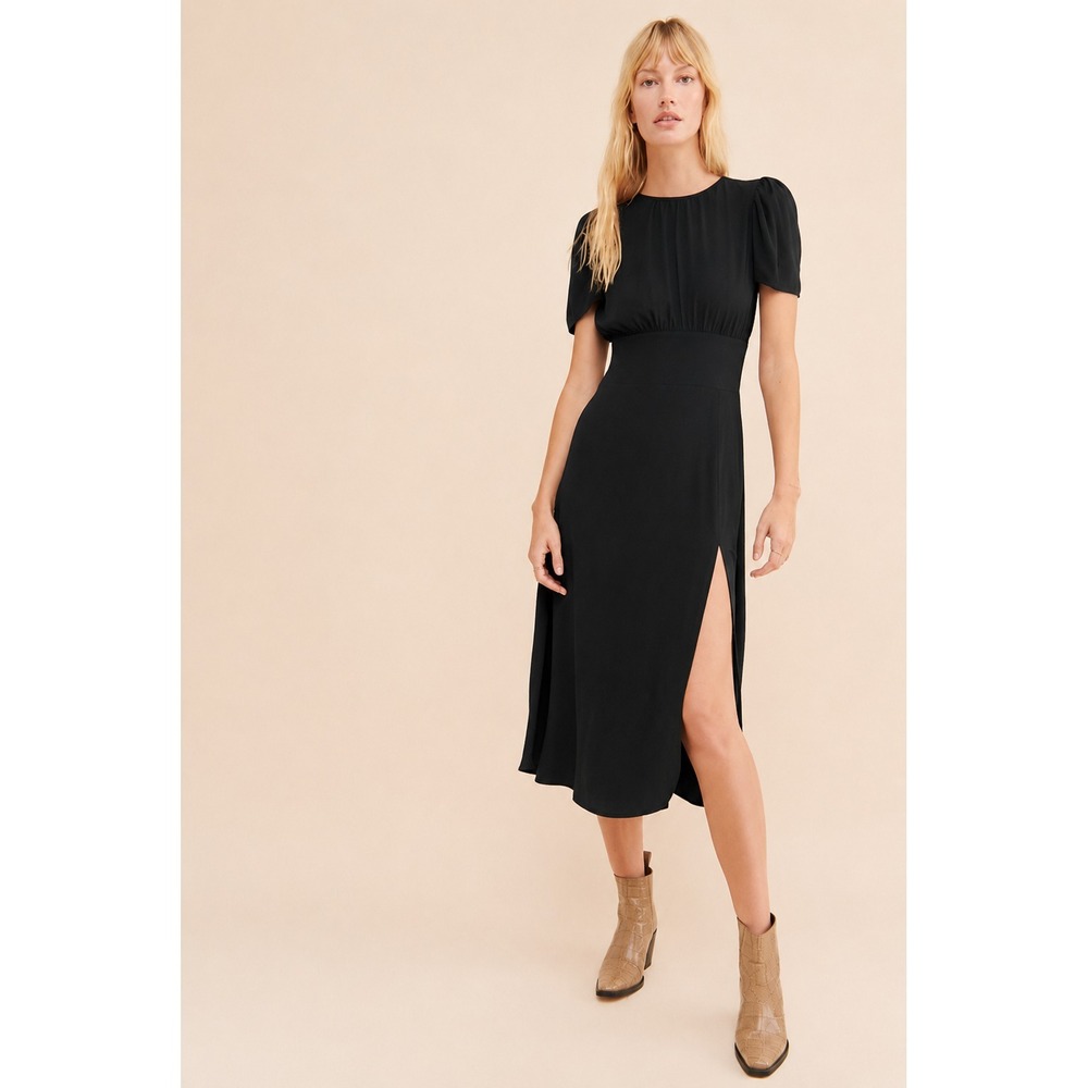 AFRM Jamie Midi Dress Lg Black Empire Waist Puff Sleeve Open Back Classic Retro - Picture 3 of 11